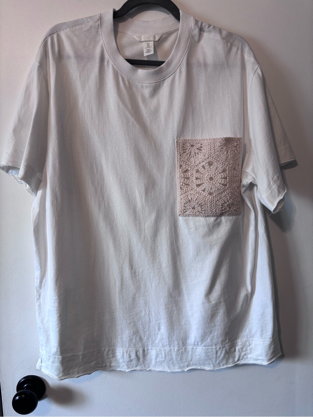 White Cotton Tee with Crochet Pocket
